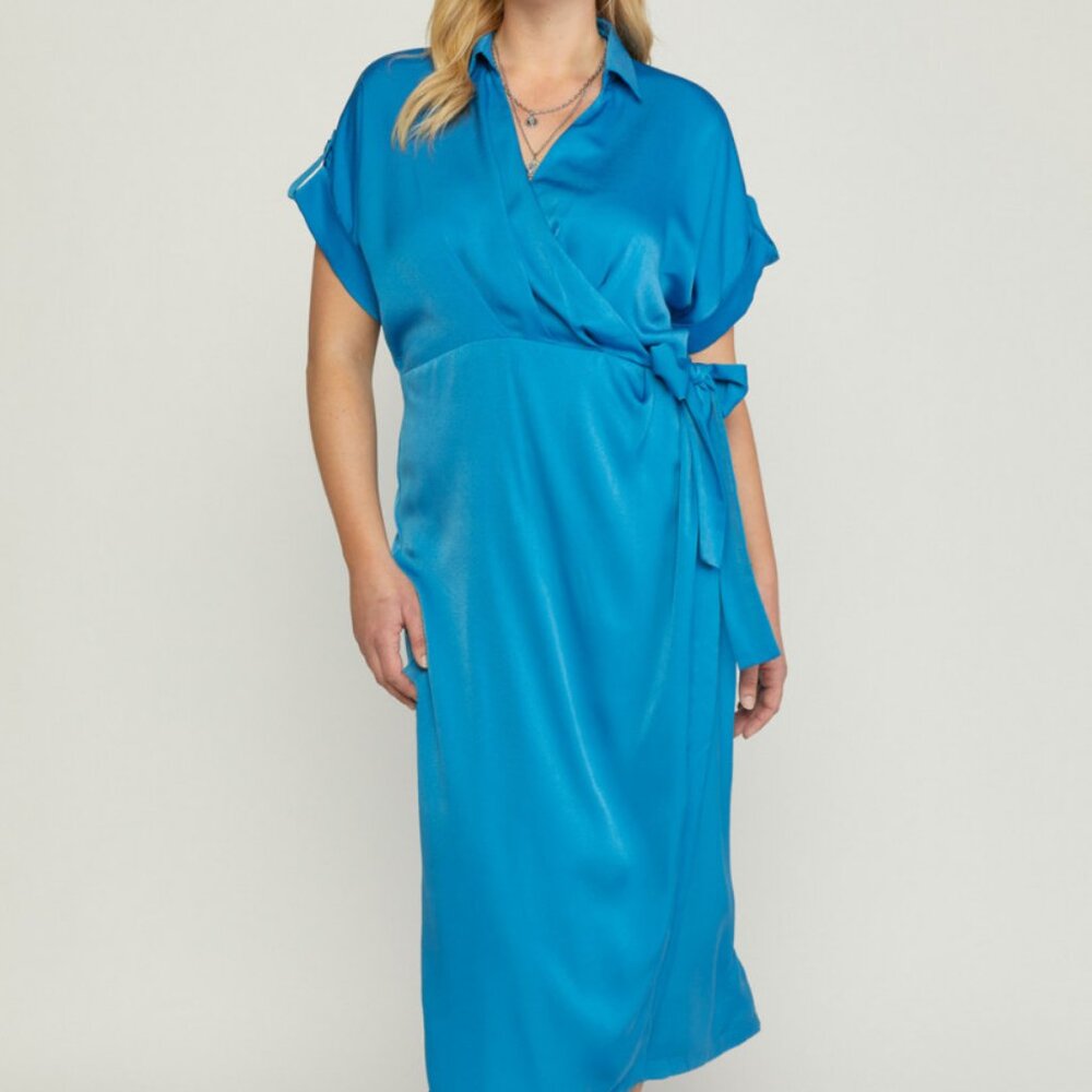 NWT Entro Royal Blue Satin Wrap Dress With Side Self Tie Closure Plus